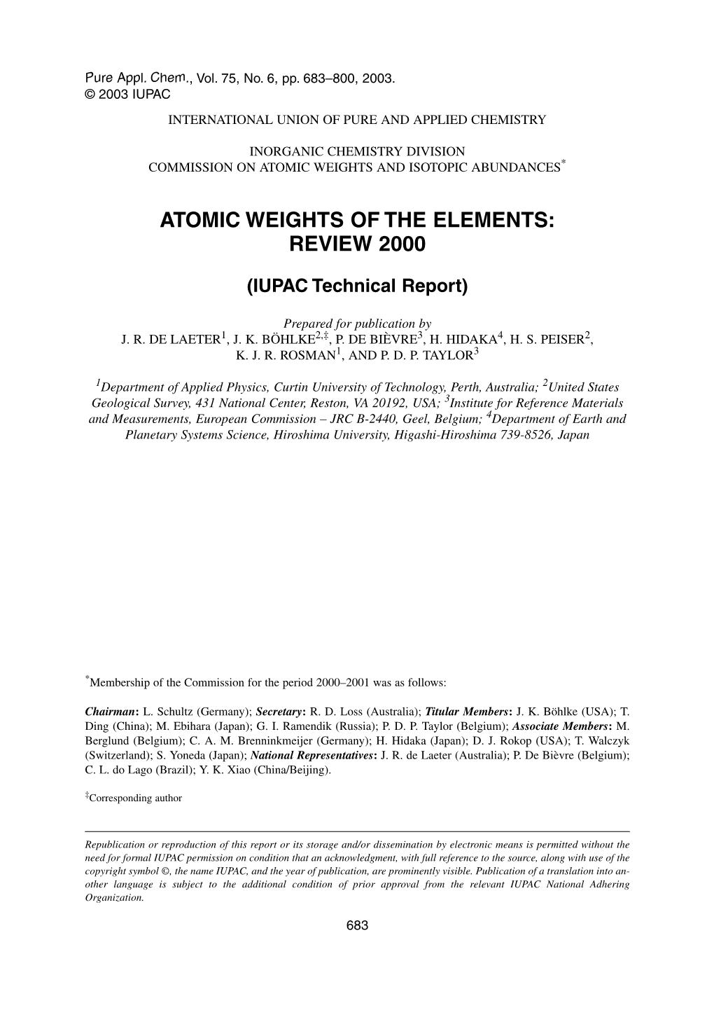 Atomic Weights of the Elements: Review 2000