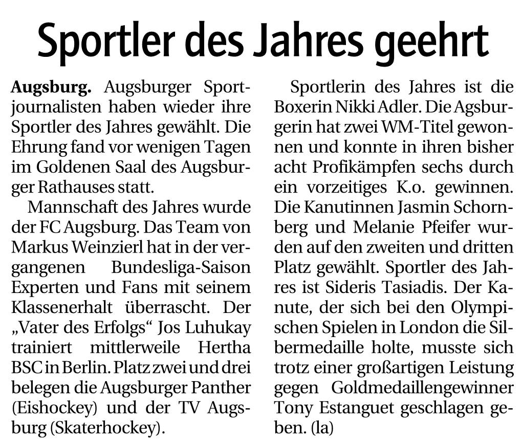 Sportler Des Jahres Geehrt CITY-GALERIE Am Do., 28.02.20 -Tisch Gegen Augsburg