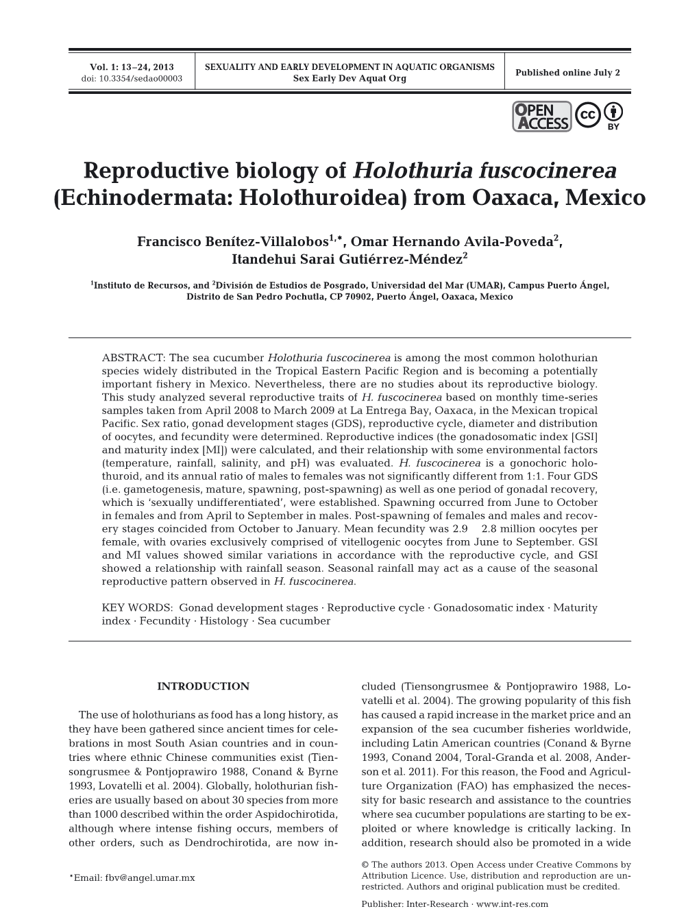 Reproductive Biology of Holothuria Fuscocinerea (Echinodermata: Holothuroidea) from Oaxaca, Mexico