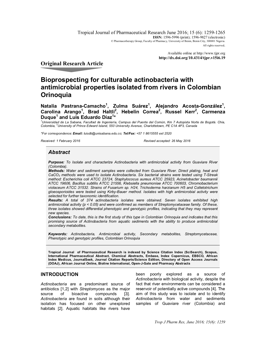 Bioprospecting for Culturable Actinobacteria with Antimicrobial Properties Isolated from Rivers in Colombian Orinoquia