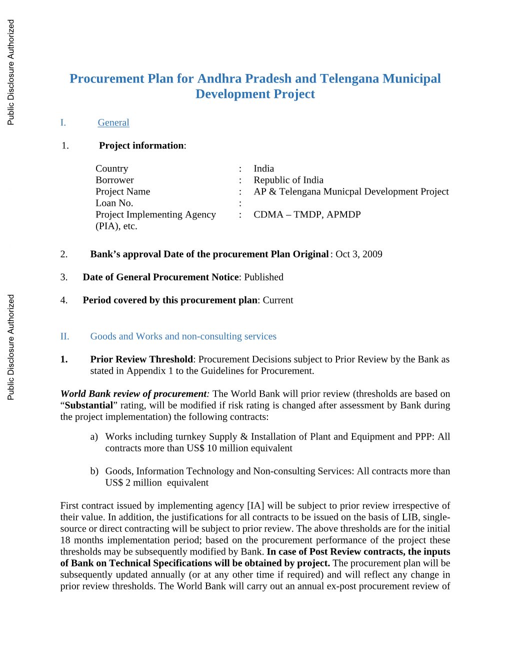 Procurement Plan for Andhra Pradesh and Telengana Municipal Development Project