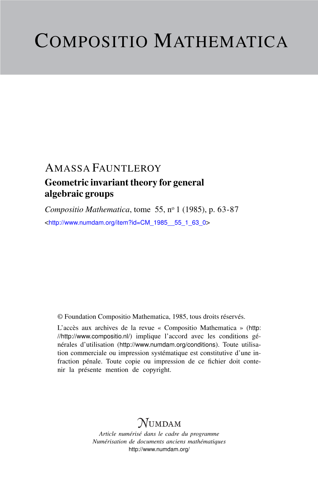 Geometric Invariant Theory for General Algebraic Groups Compositio Mathematica, Tome 55, No 1 (1985), P