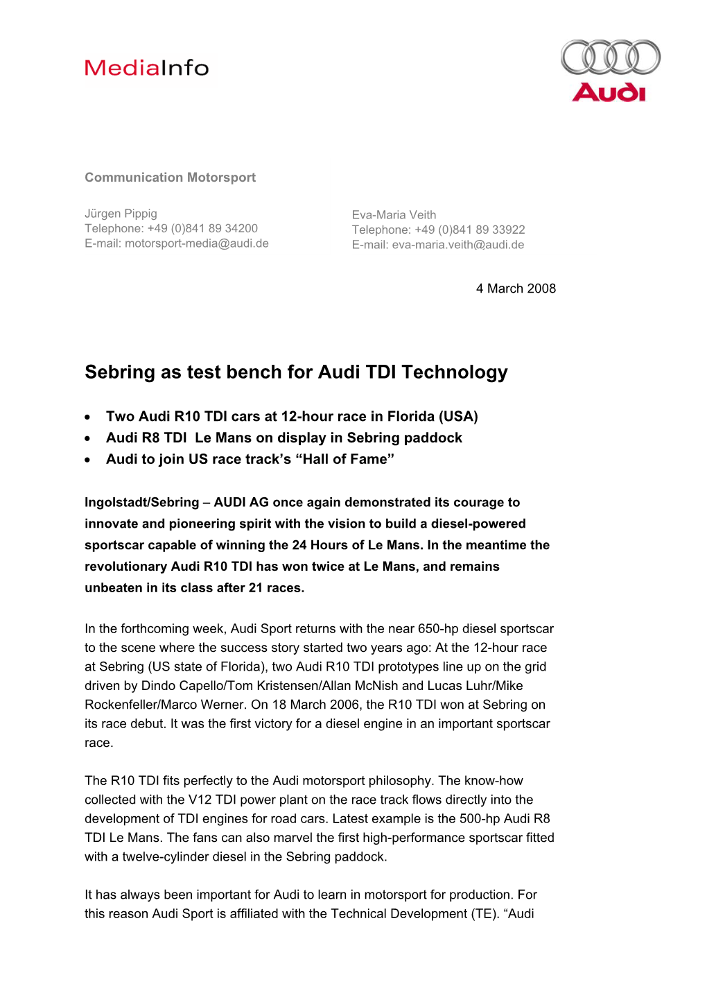 Sebring As Test Bench for Audi TDI Technology