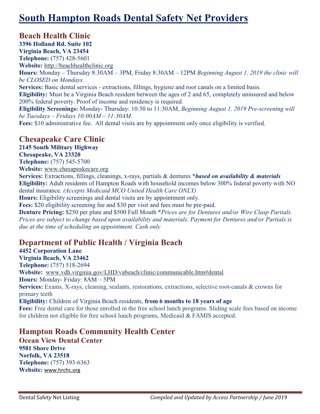 South Hampton Roads Dental Safety Net Providers Beach Health Clinic 3396 Holland Rd