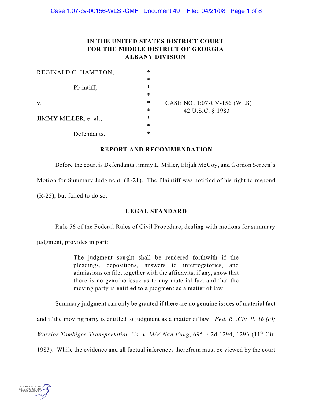 Case 1:07-Cv-00156-WLS -GMF Document 49 Filed 04/21/08 Page 1 of 8