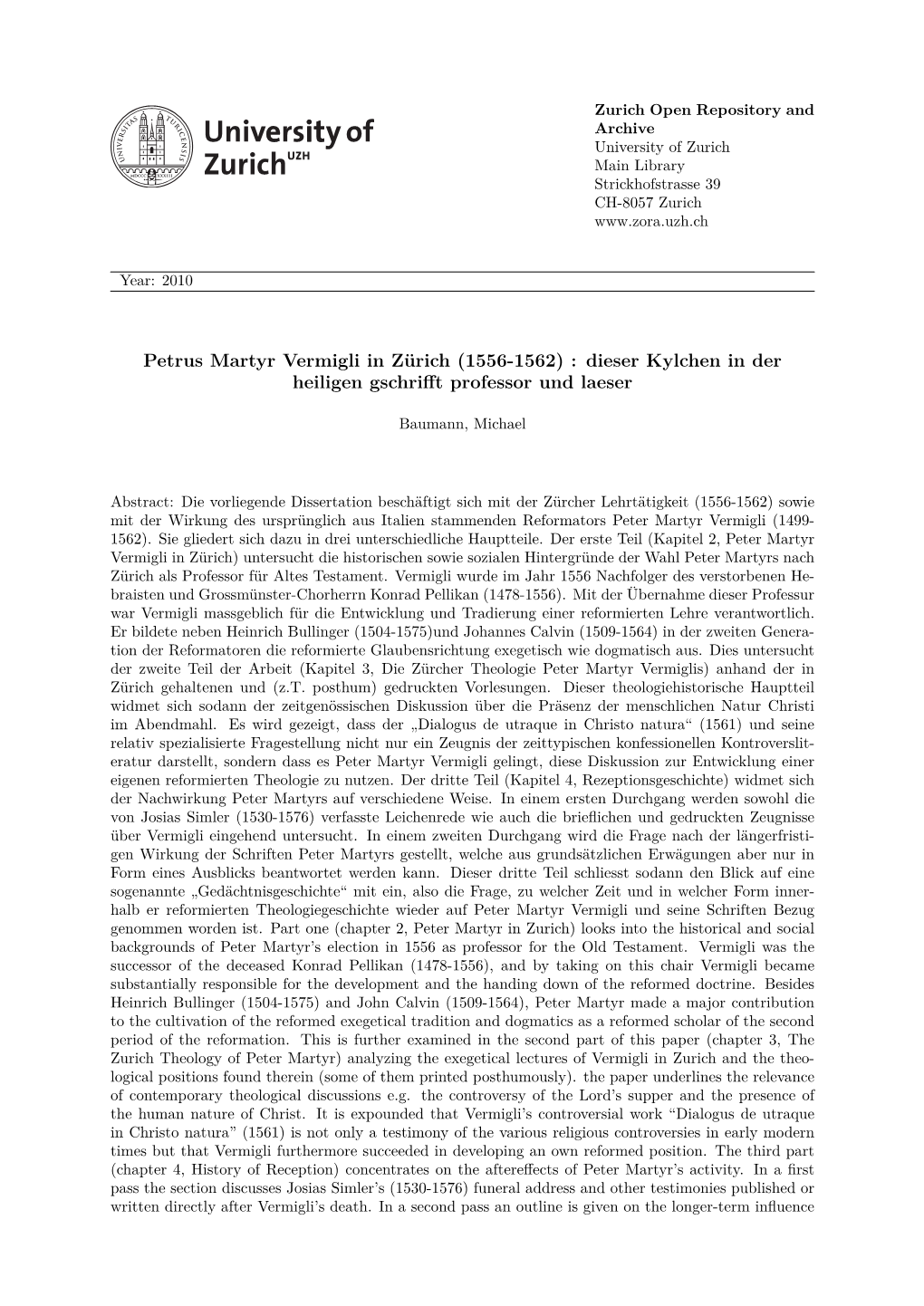 Petrus Martyr Vermigli in Zürich (1556-1562) : Dieser Kylchen in Der Heiligen Gschrifft Professor Und Laeser