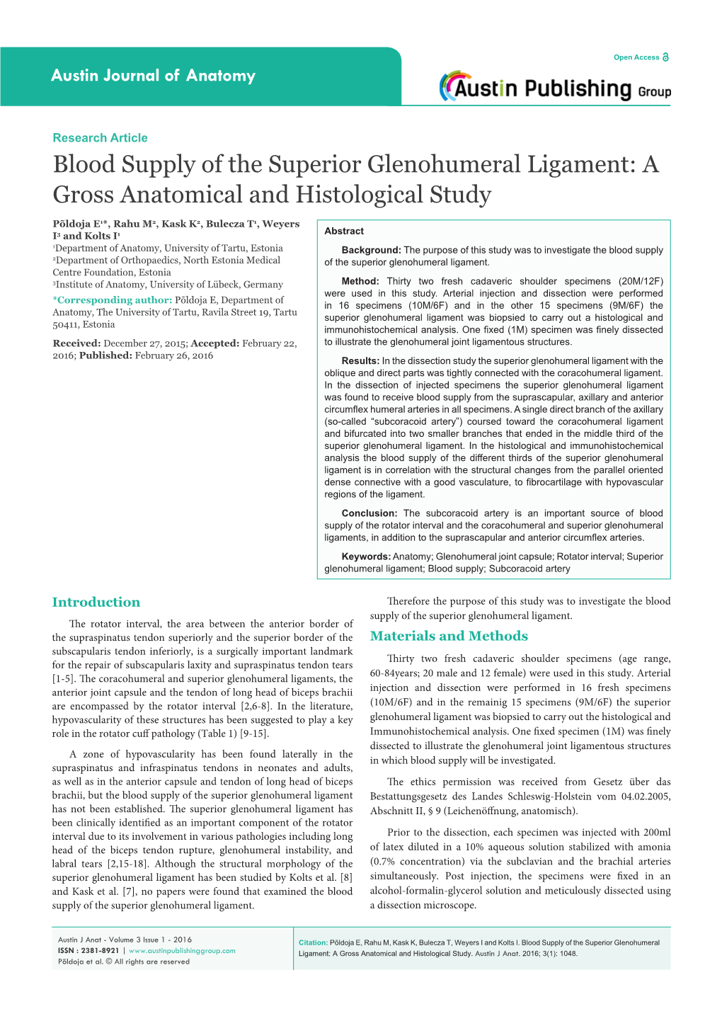 Blood Supply of the Superior Glenohumeral Ligament: a Gross Anatomical and Histological Study