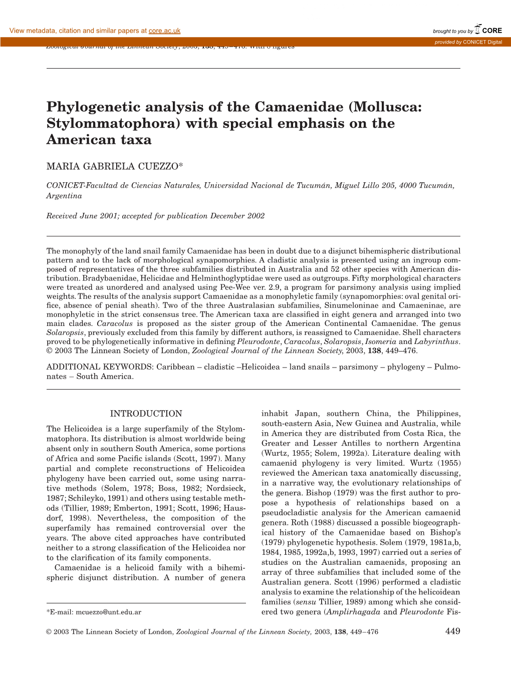 Phylogenetic Analysis of the Camaenidae (Mollusca: Stylommatophora) with Special Emphasis on the American Taxa