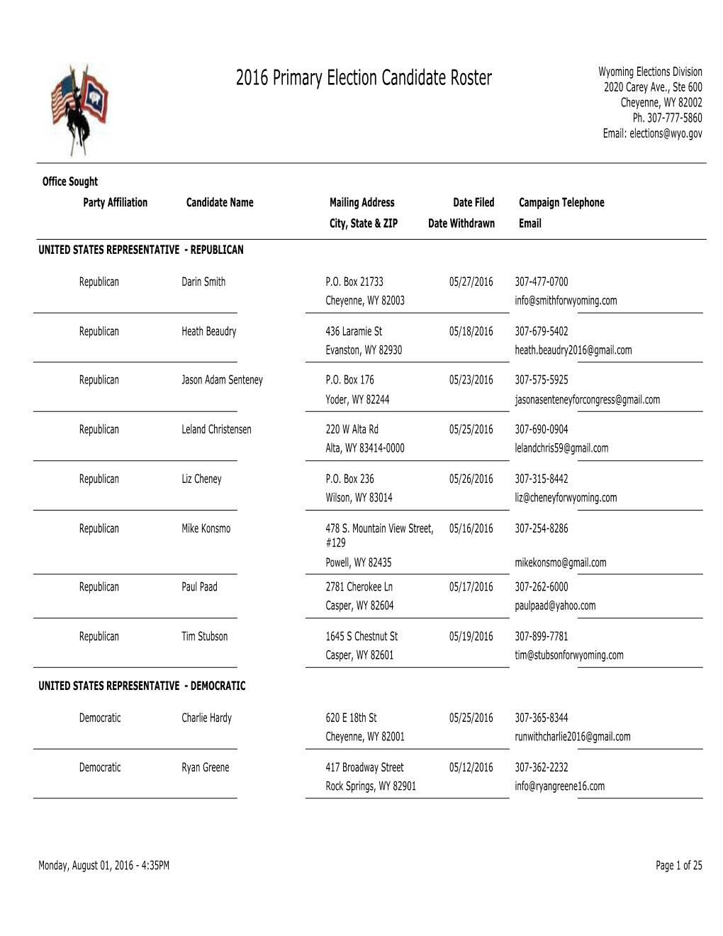 2016 Primary Election Candidate Roster 2020 Carey Ave., Ste 600 Cheyenne, WY 82002 Ph