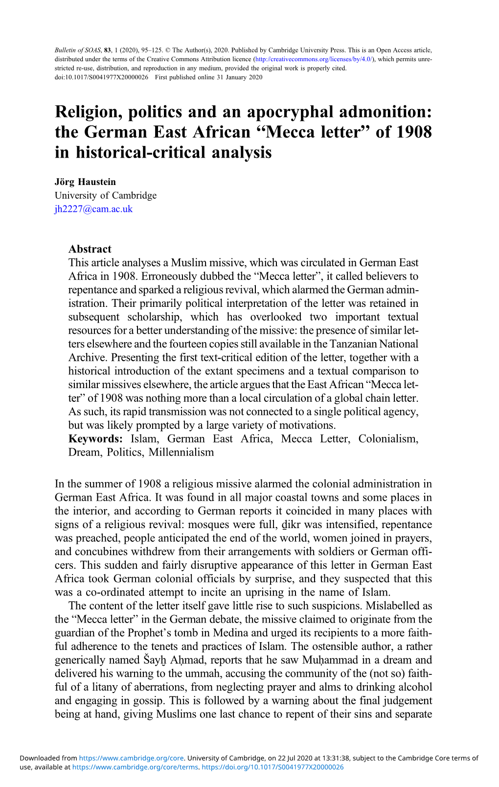 Religion, Politics and an Apocryphal Admonition: the German East African “Mecca Letter” of 1908 in Historical-Critical Analysis