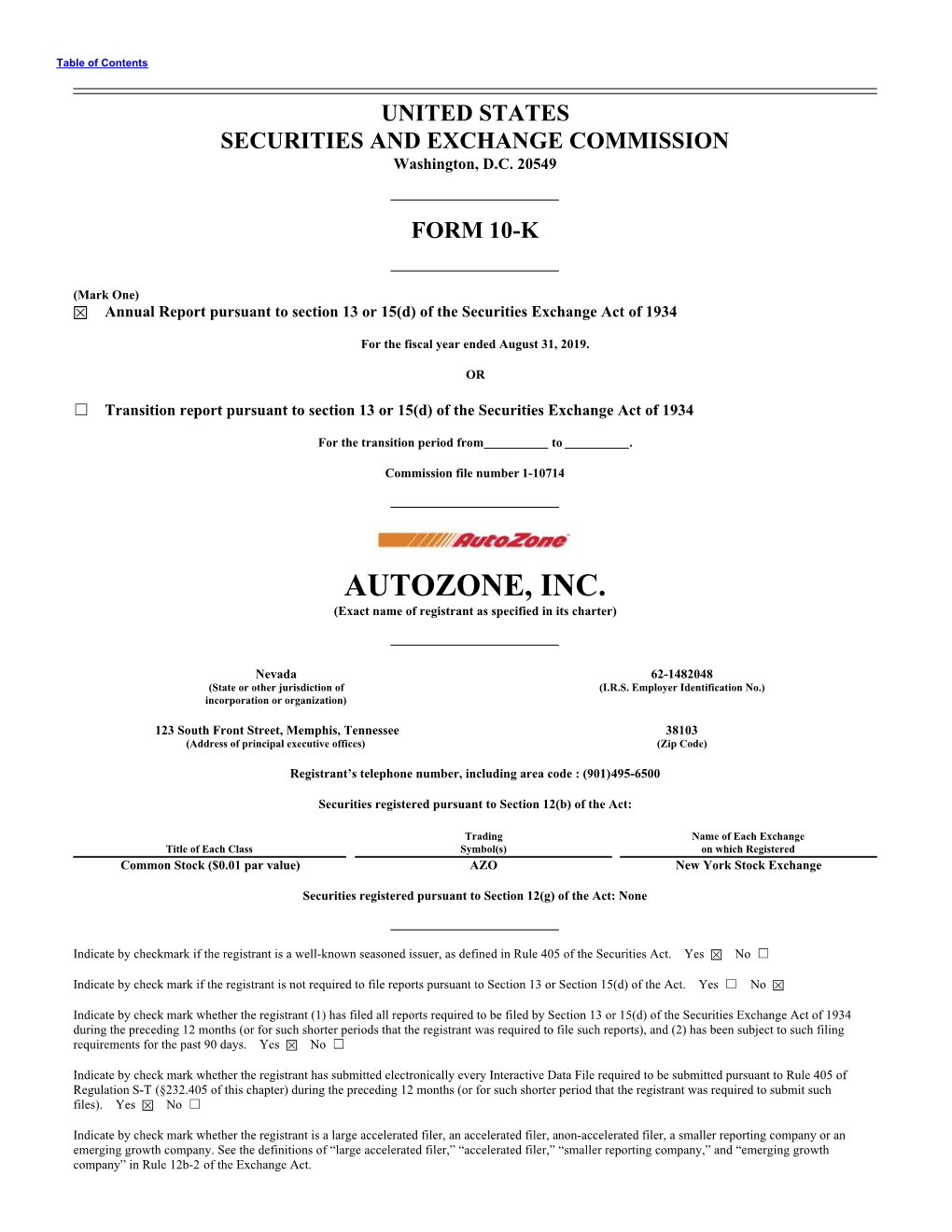 AUTOZONE, INC. (Exact Name of Registrant As Specified in Its Charter)