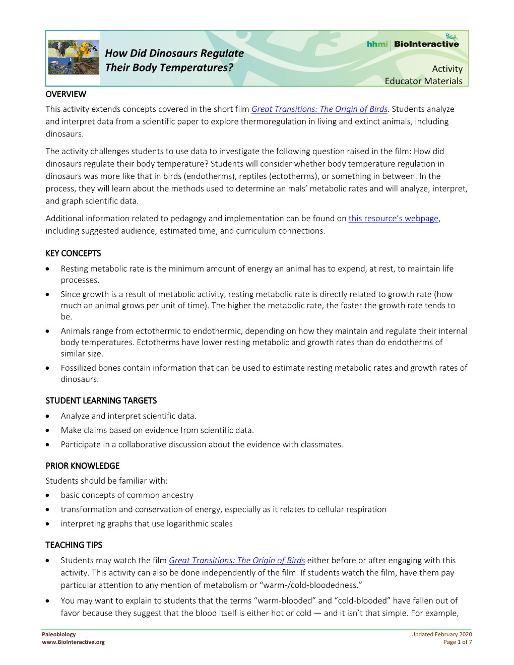 How Did Dinosaurs Regulate Their Body Temperatures? Activity Educator Materials