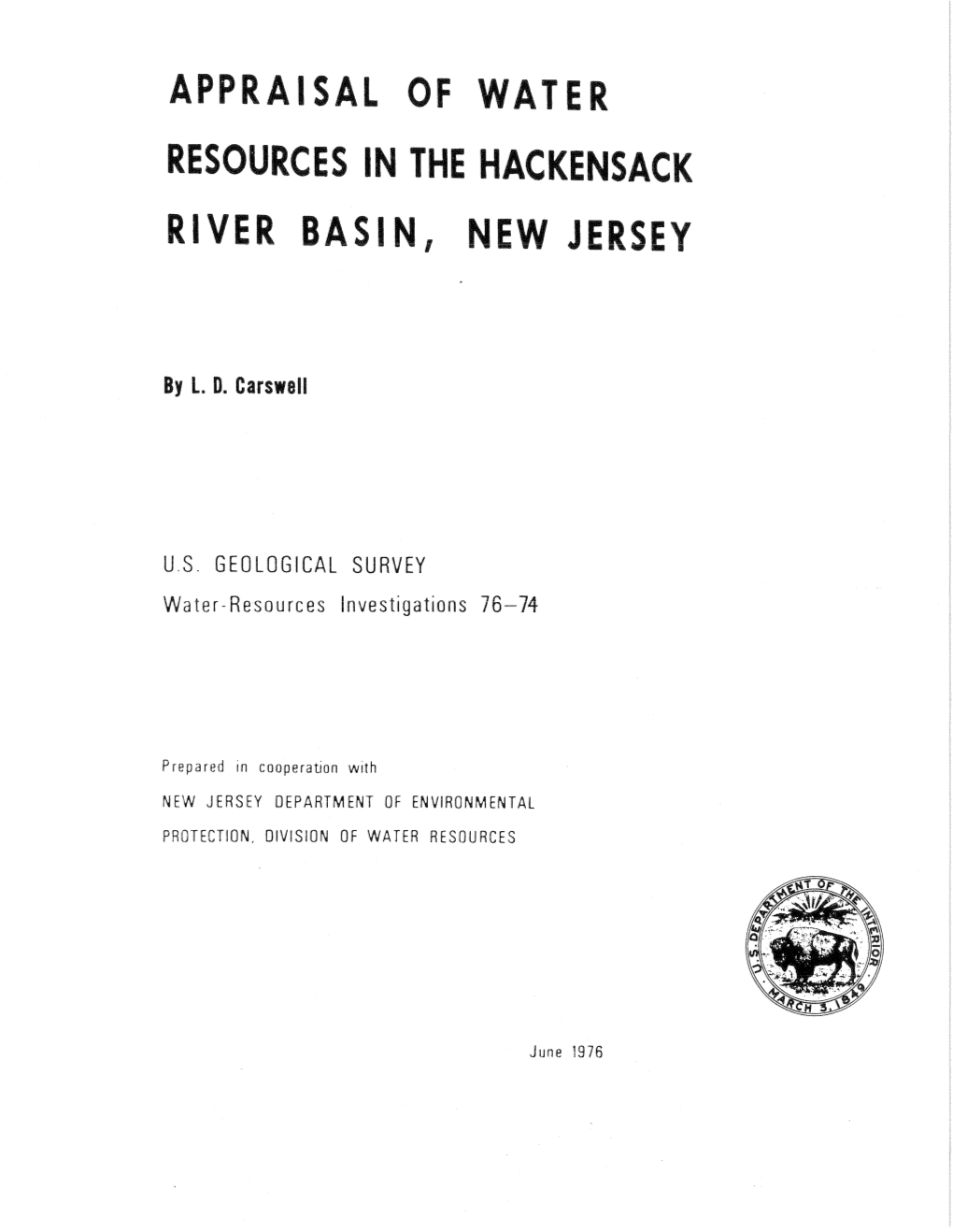 Appraisal of Water Resources in the Hackensack River Basin, New Jersey