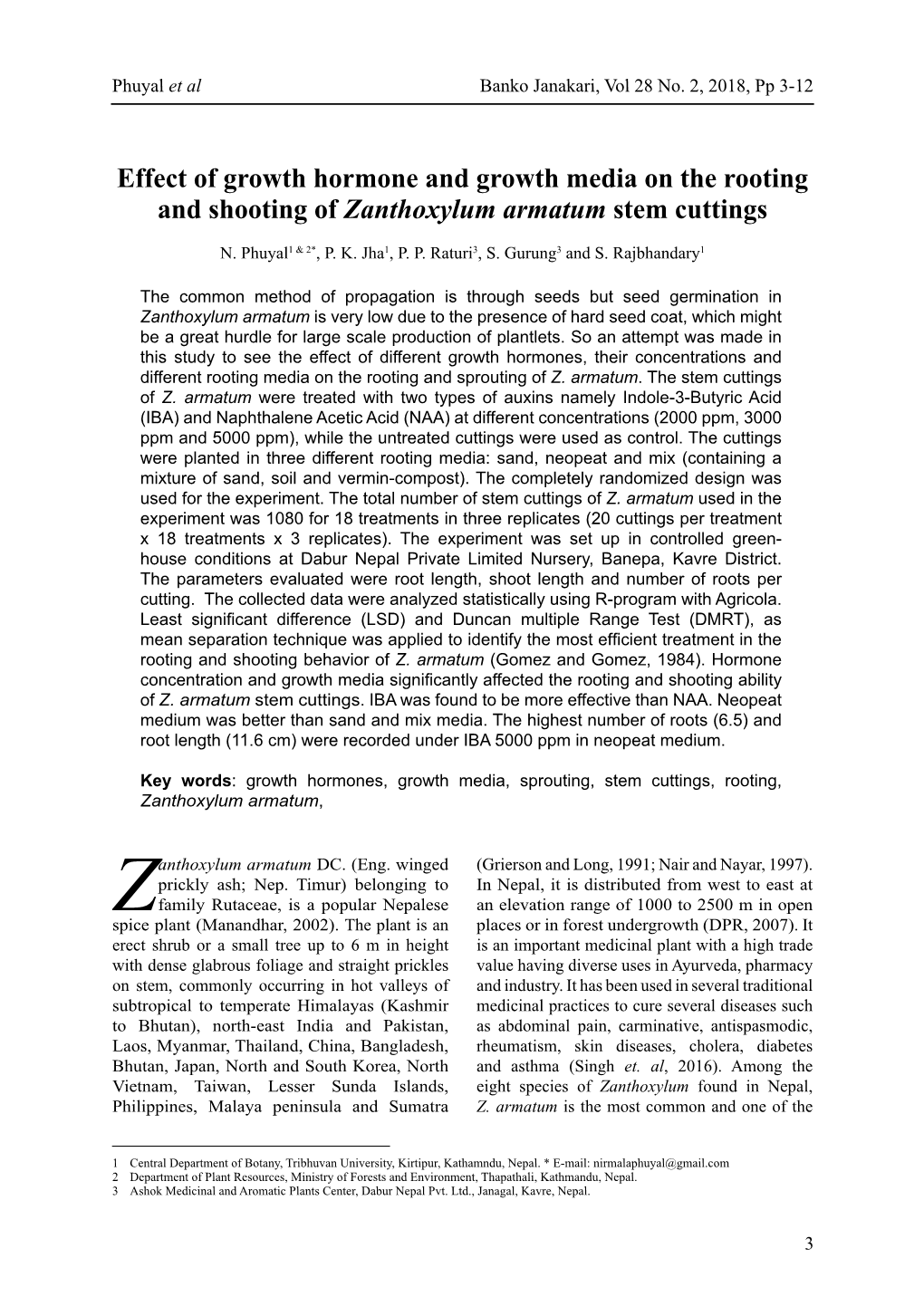 Effect of Growth Hormone and Growth Media on the Rooting and Shooting of Zanthoxylum Armatum Stem Cuttings