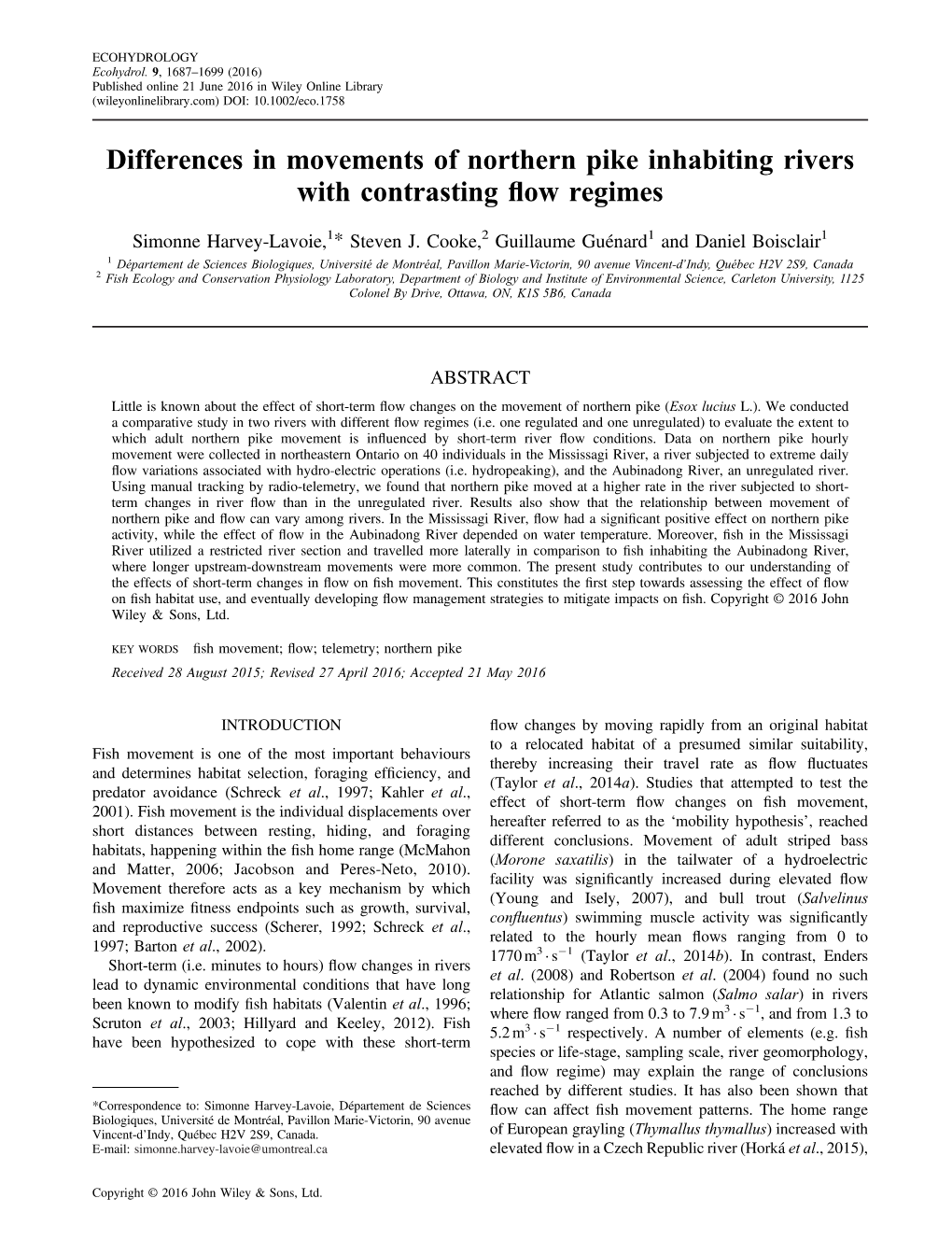 Differences in Movements of Northern Pike Inhabiting Rivers with Contrasting ﬂow Regimes