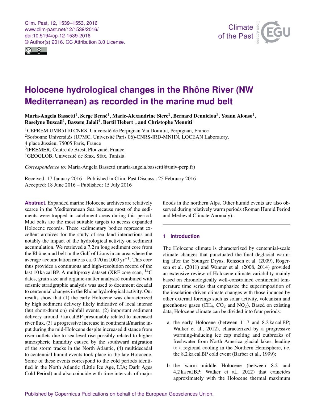 Holocene Hydrological Changes in the Rhône River (NW Mediterranean) As Recorded in the Marine Mud Belt