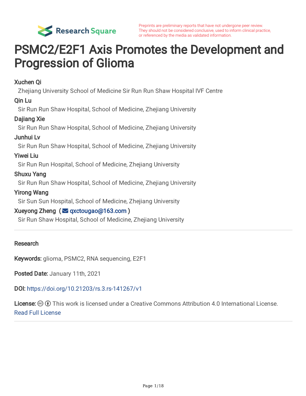 PSMC2/E2F1 Axis Promotes the Development and Progression of Glioma