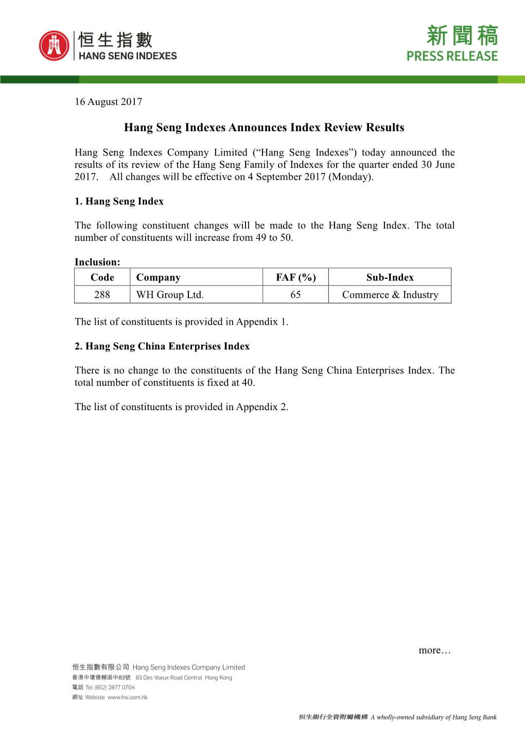 Hang Seng Indexes Announces Index Review Results