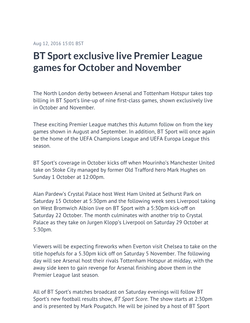 BT Sport Exclusive Live Premier League Games for October and November