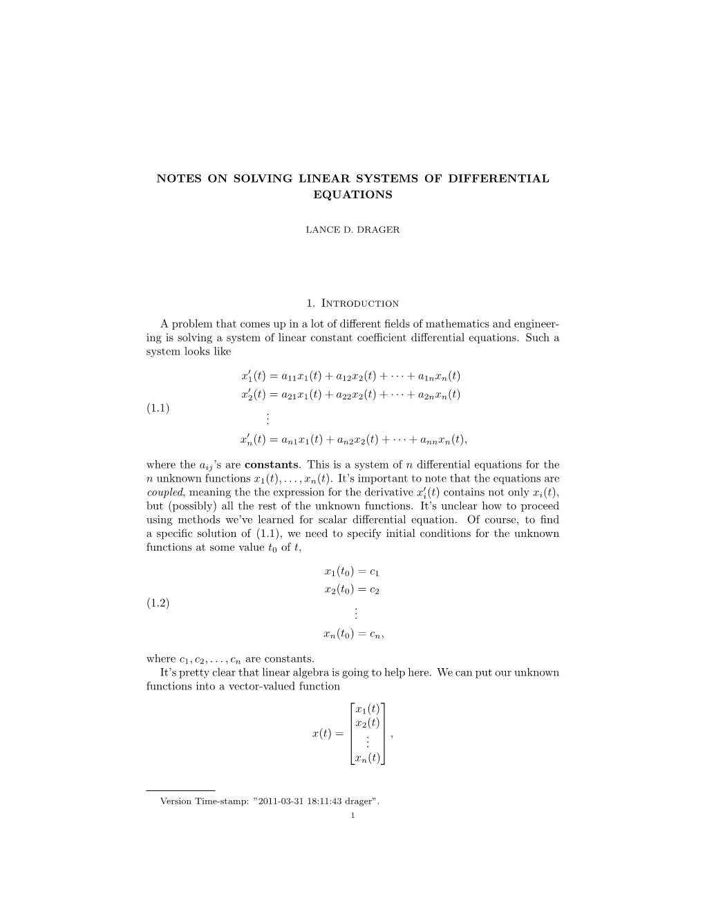 Notes on Solving Linear Systems of Differential Equations