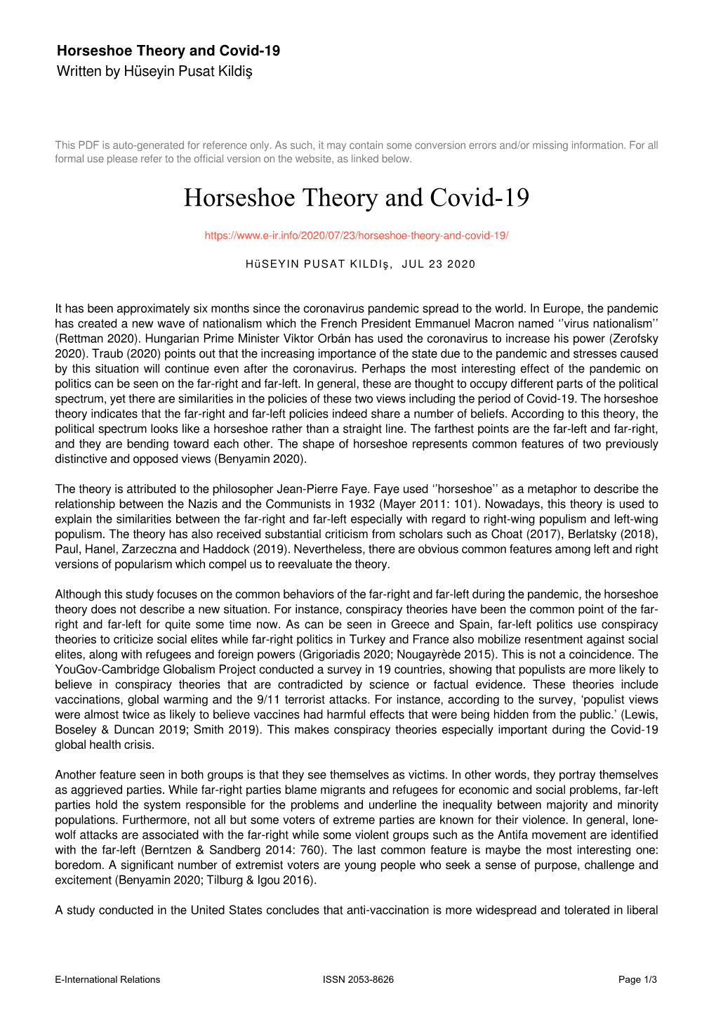 Horseshoe Theory and Covid-19 Written by Hüseyin Pusat Kildiş