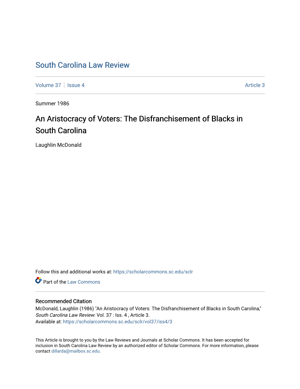 An Aristocracy of Voters: the Disfranchisement of Blacks in South Carolina