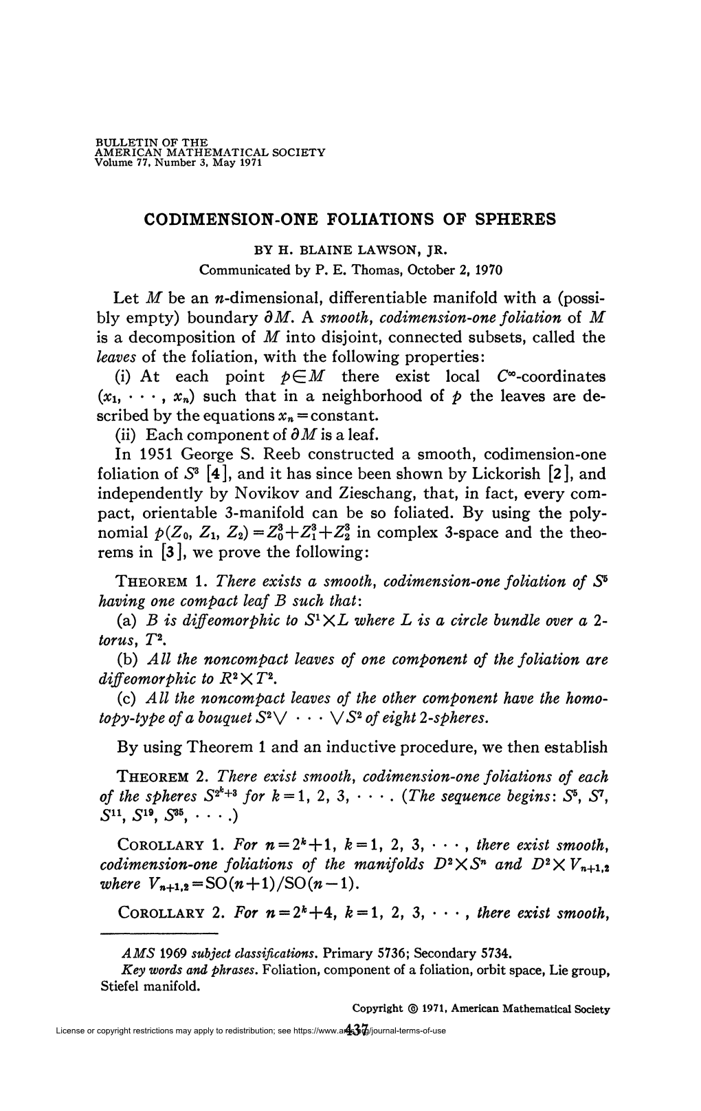 CODIMENSION-ONE FOLIATIONS of SPHERES Let M Be an W