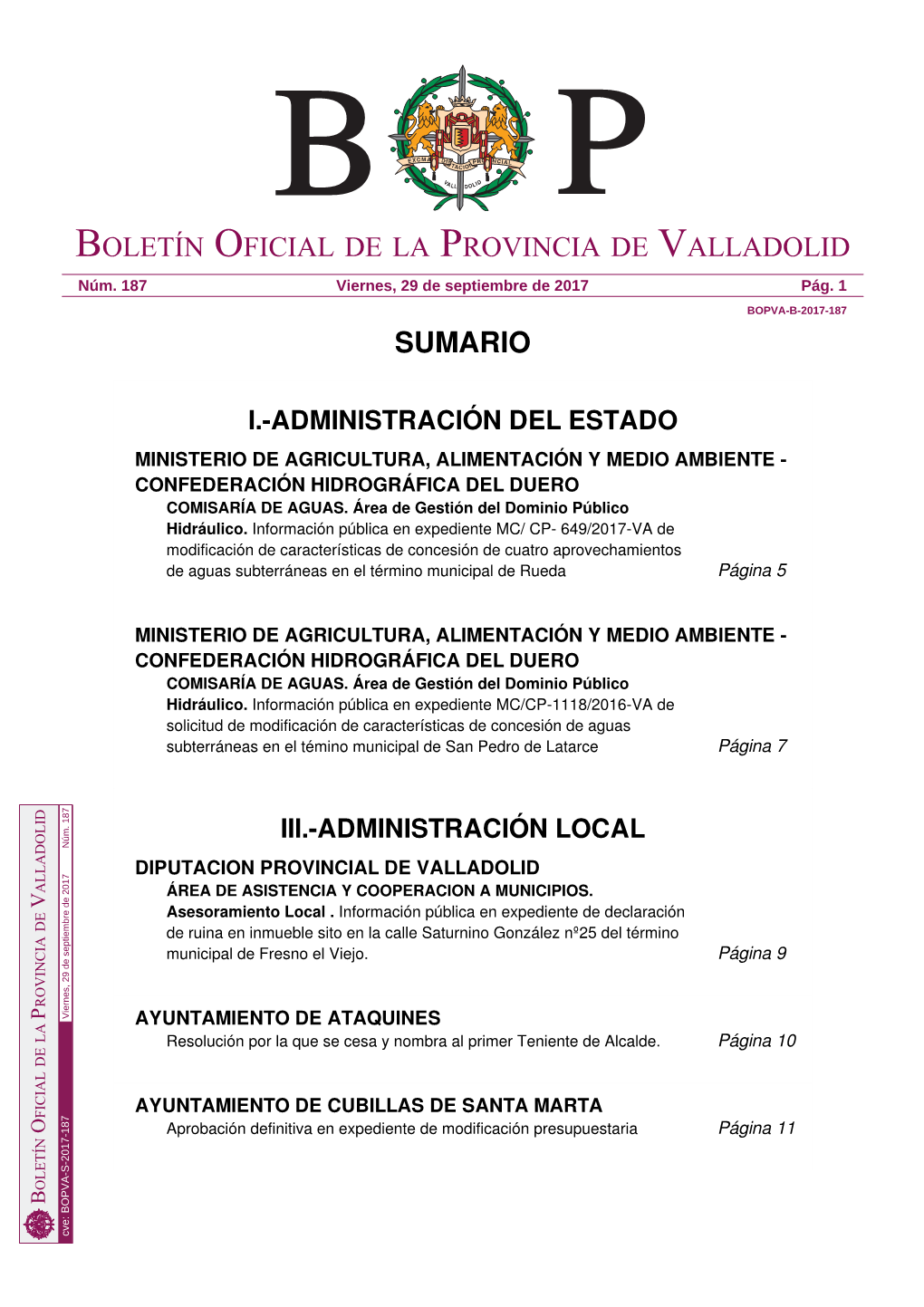 Sumario Boletín Oficial De La Provincia De Valladolid