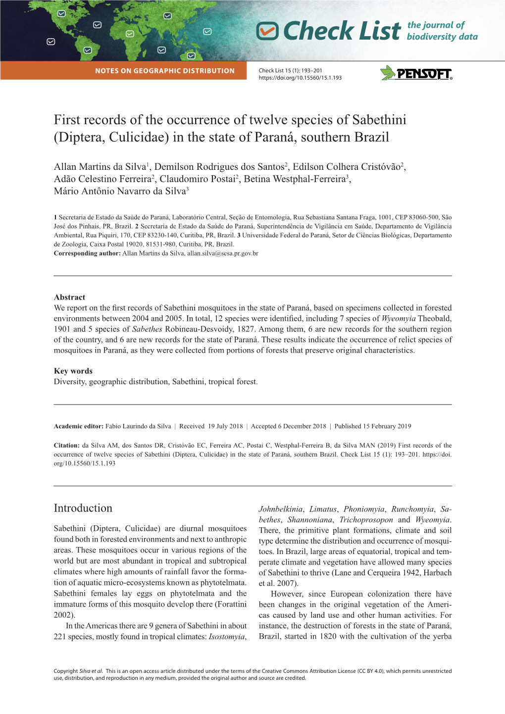 First Records of the Occurrence of Twelve Species of Sabethini (Diptera, Culicidae) in the State of Paraná, Southern Brazil