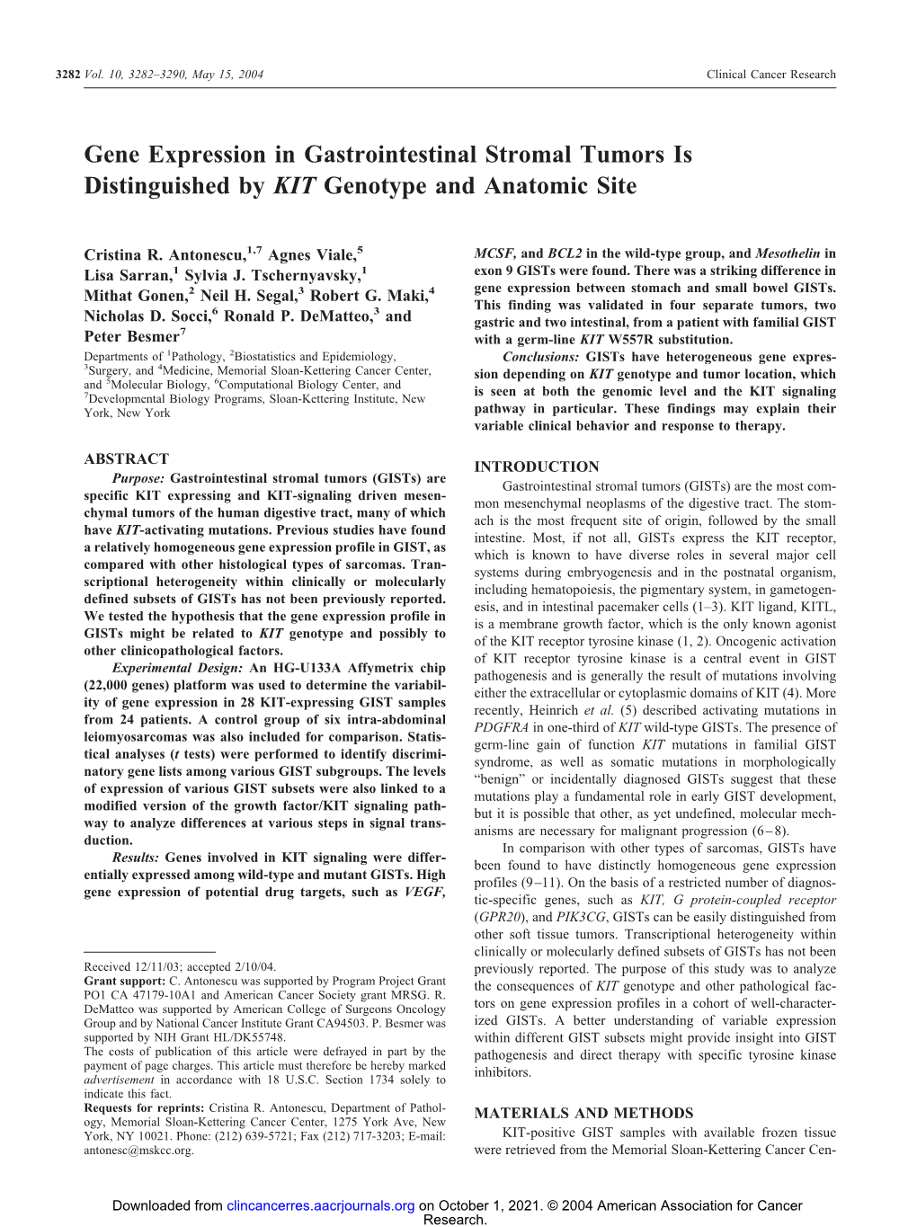 Gene Expression in Gastrointestinal Stromal Tumors Is Distinguished by KIT Genotype and Anatomic Site