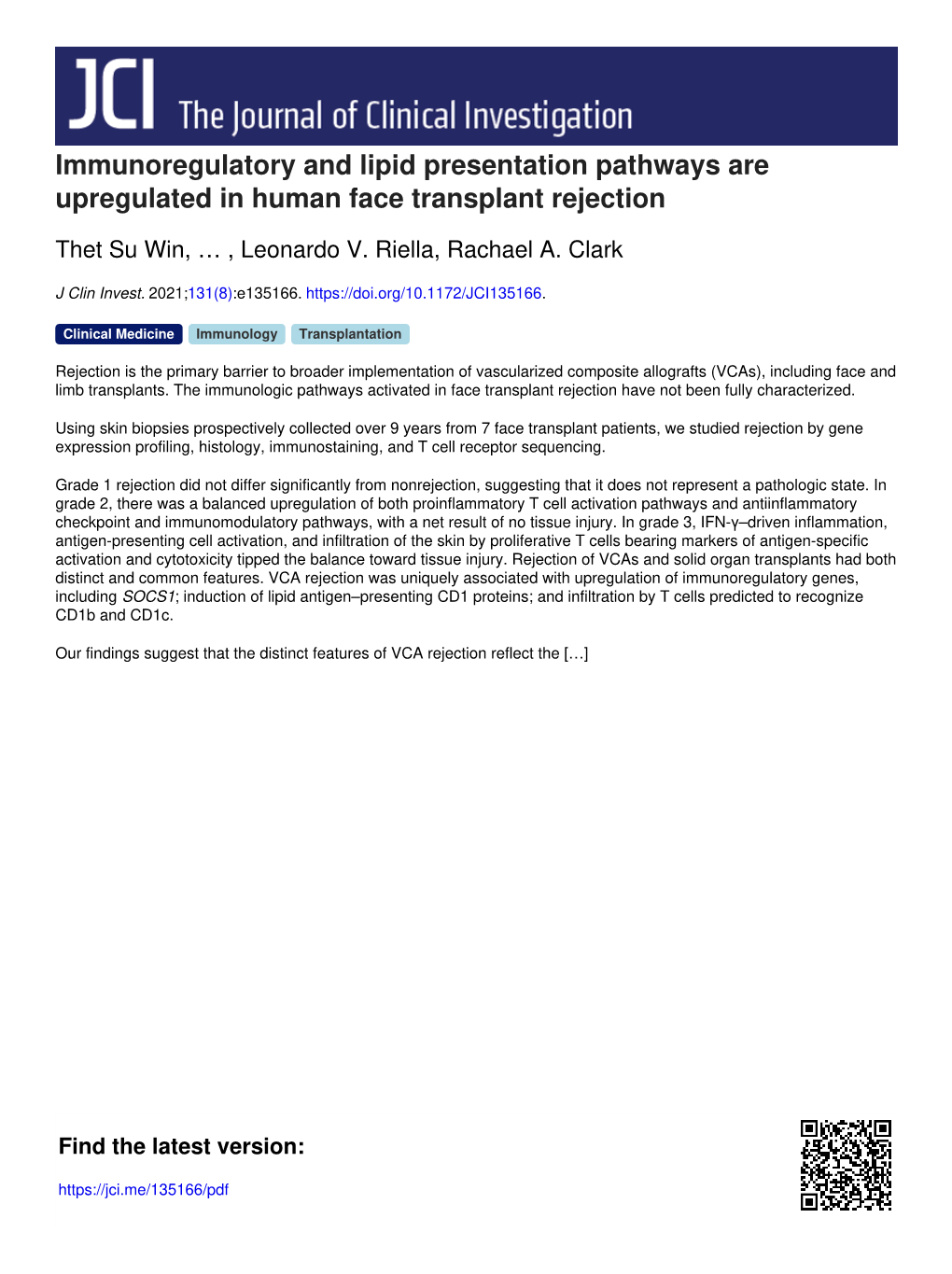 Immunoregulatory and Lipid Presentation Pathways Are Upregulated in Human Face Transplant Rejection