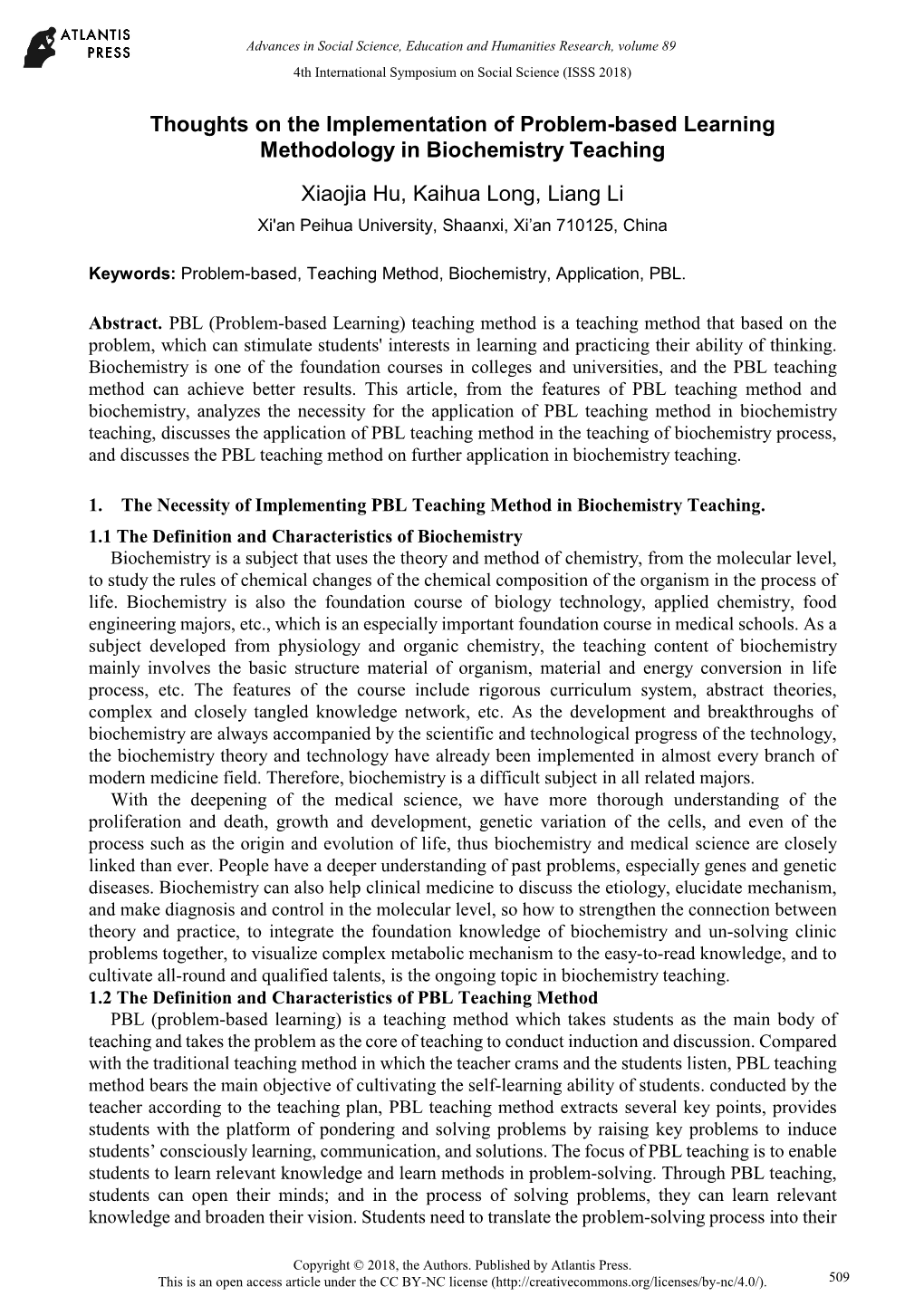 Thoughts on the Implementation of Problem-Based Learning Methodology in Biochemistry Teaching