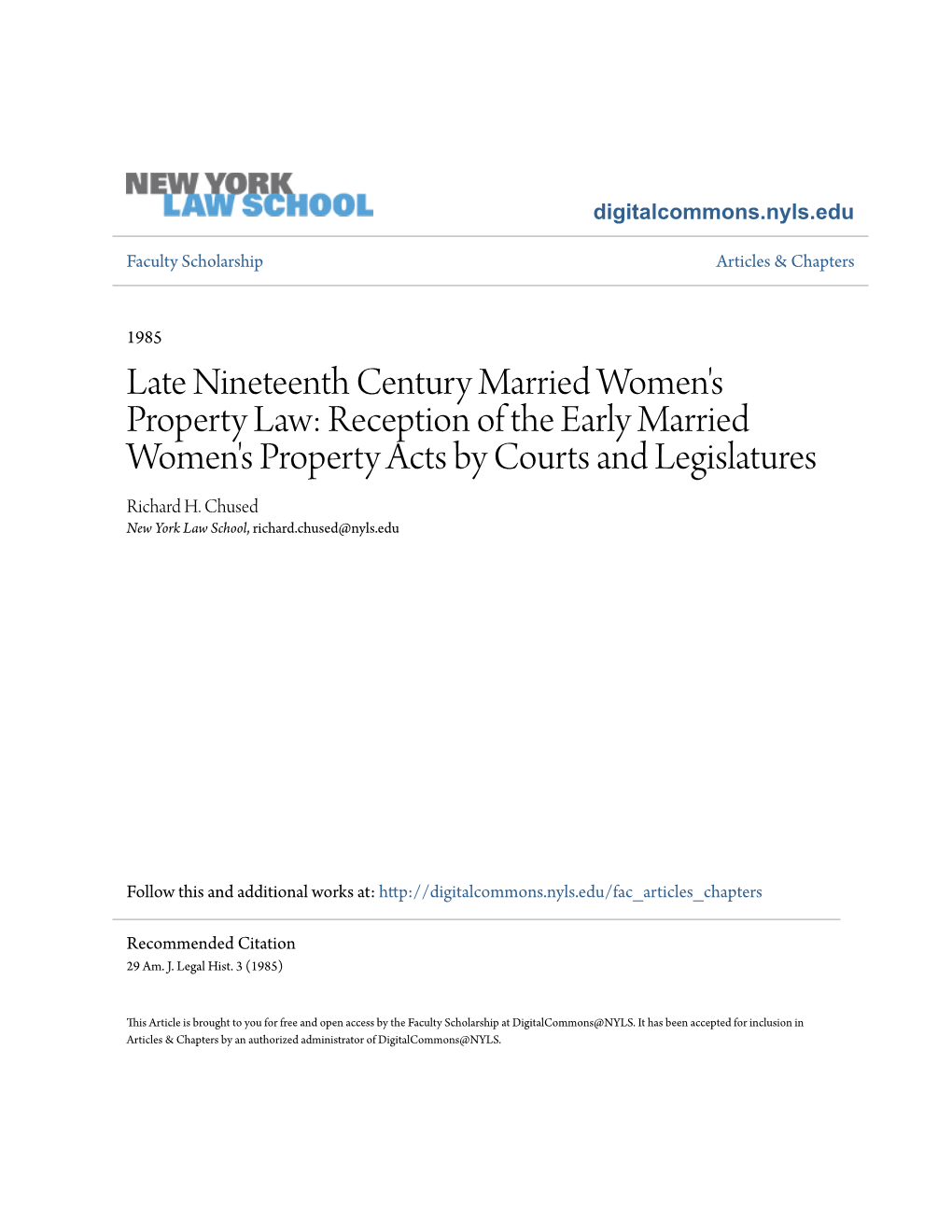 Reception of the Early Married Women's Property Acts by Courts and Legislatures Richard H