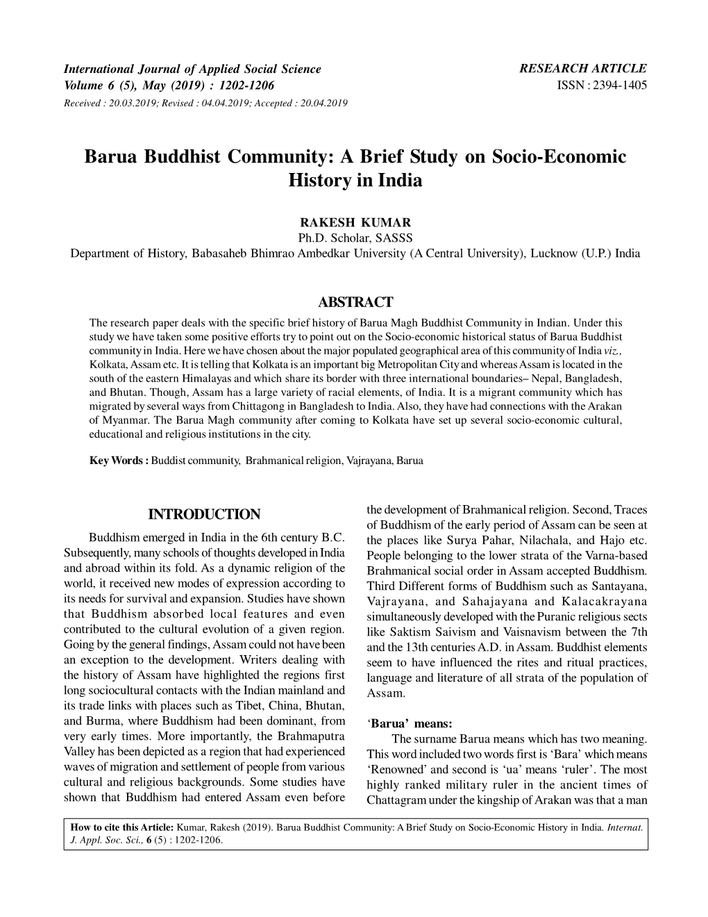 Barua Buddhist Community: a Brief Study on Socio-Economic History in India
