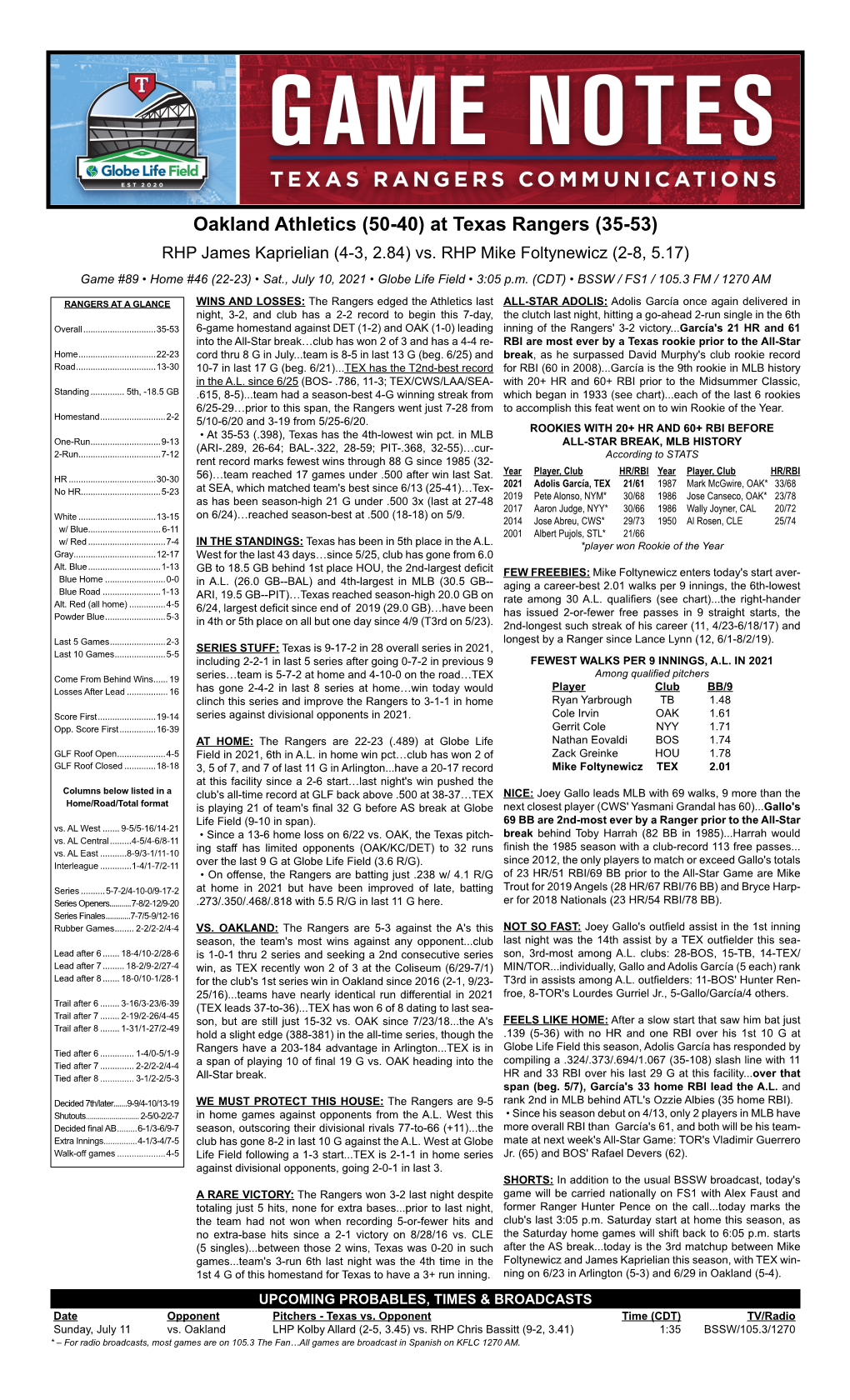 07-10-2021 Rangers Game Notes