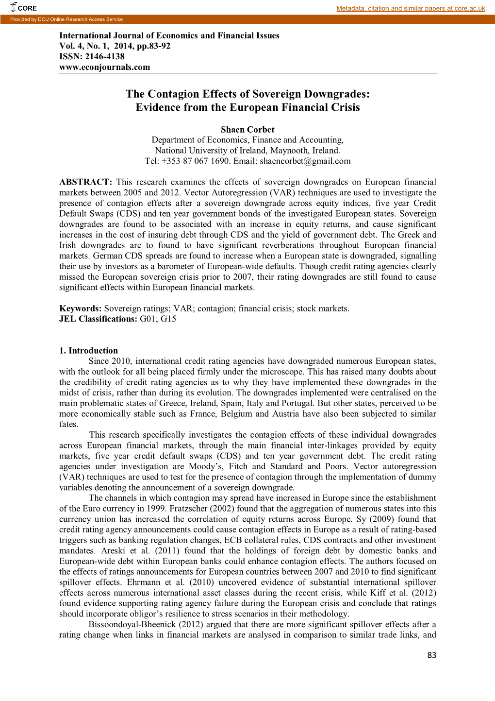 The Contagion Effects of Sovereign Downgrades: Evidence from the European Financial Crisis