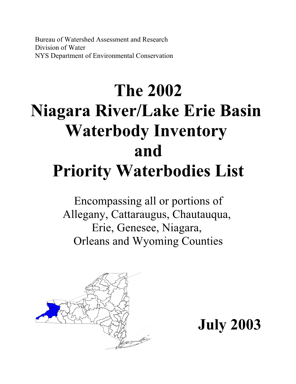 Lake Erie/Niagara River Basin Waterbody Inventory and Priority