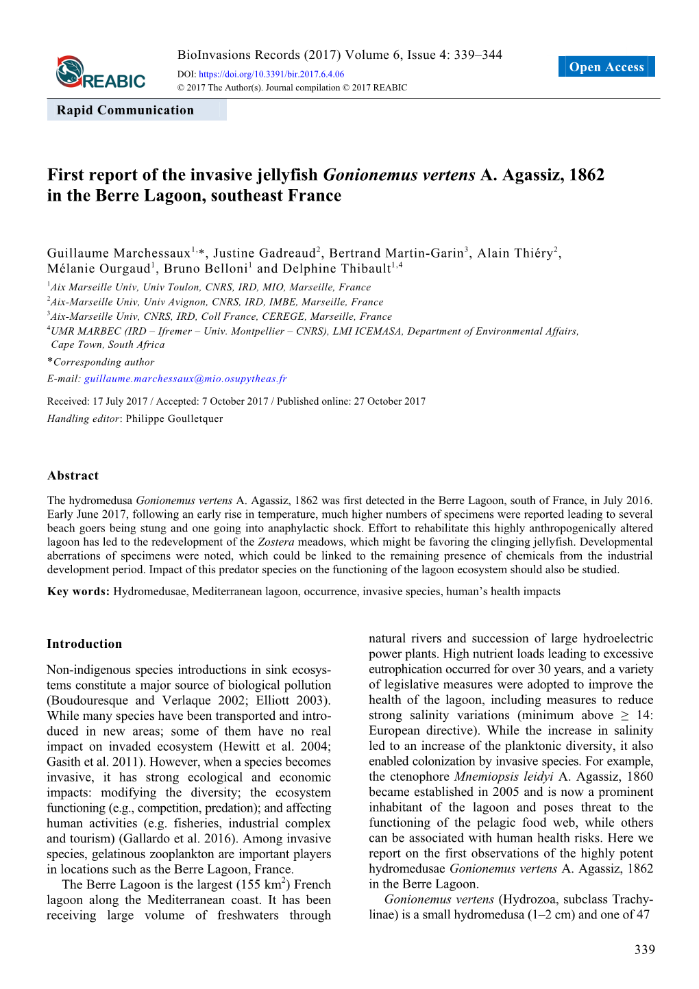 First Report of the Invasive Jellyfish Gonionemus Vertens A. Agassiz, 1862 in the Berre Lagoon, Southeast France