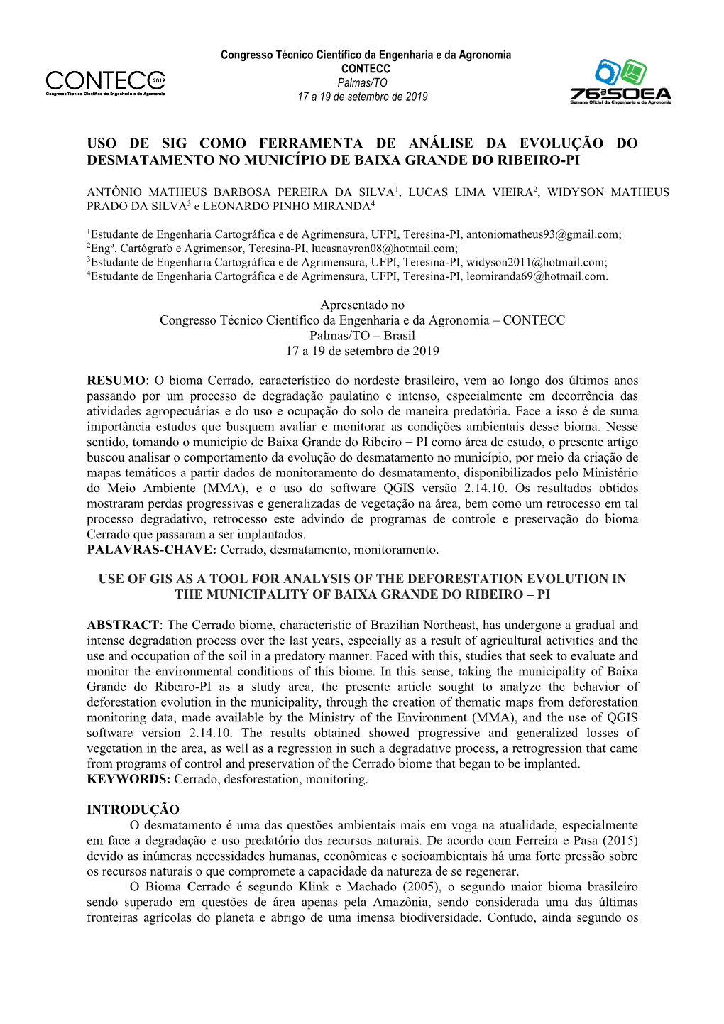 Uso De Sig Como Ferramenta De Análise Da Evolução Do Desmatamento No Município De Baixa Grande Do Ribeiro-Pi