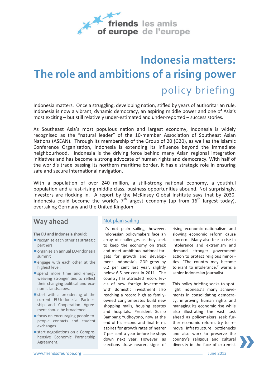 Indonesia Matters: the Role and Ambitions of a Rising Power Policy Briefing