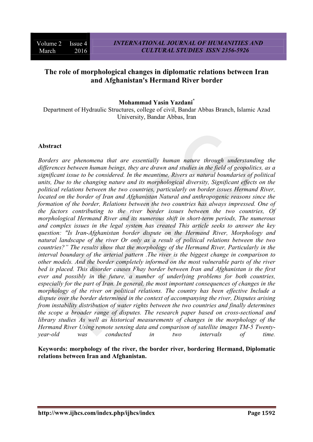 The Role of Morphological Changes in Diplomatic Relations Between Iran and Afghanistan's Hermand River Border