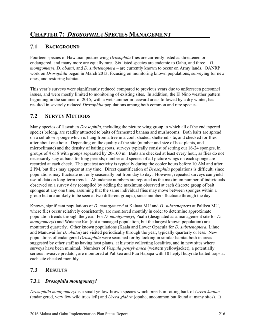 2016 Status Report for the Makua and Oahu Implementation Plans