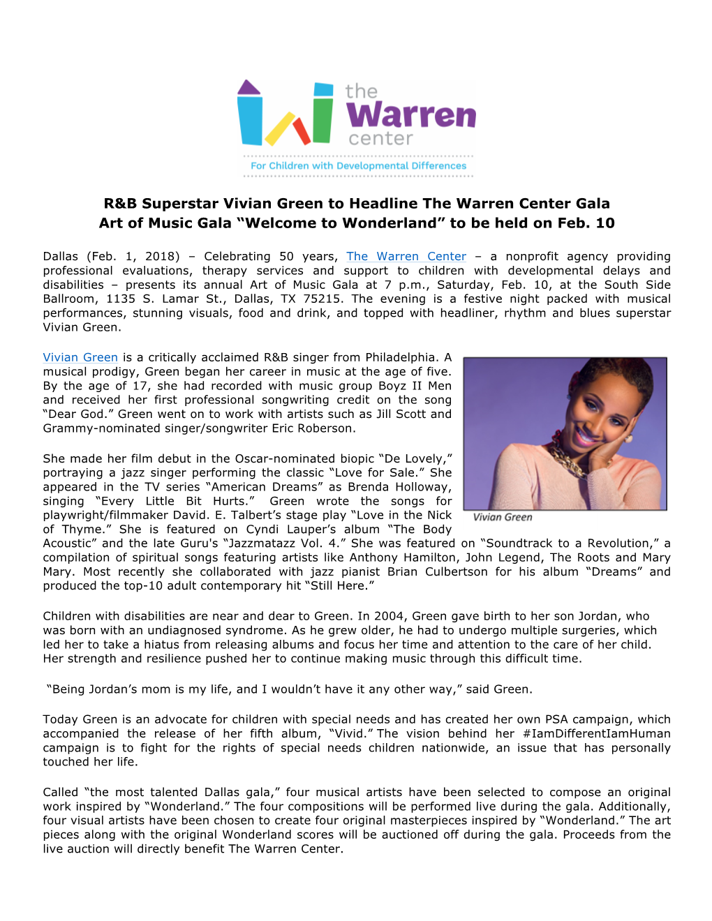 R&B Superstar Vivian Green to Headline the Warren Center Gala
