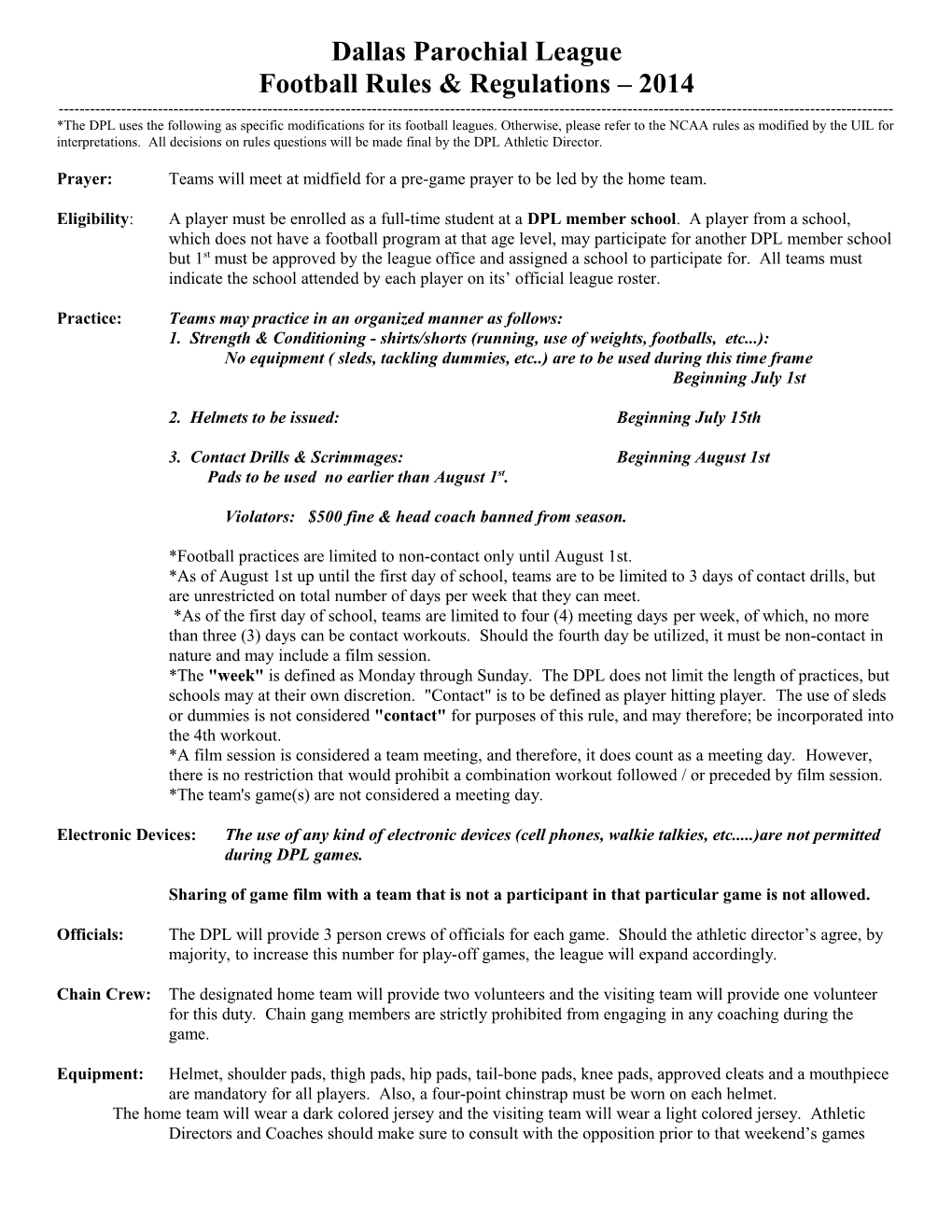 Dallas Parochial League Football Rules & Regulations