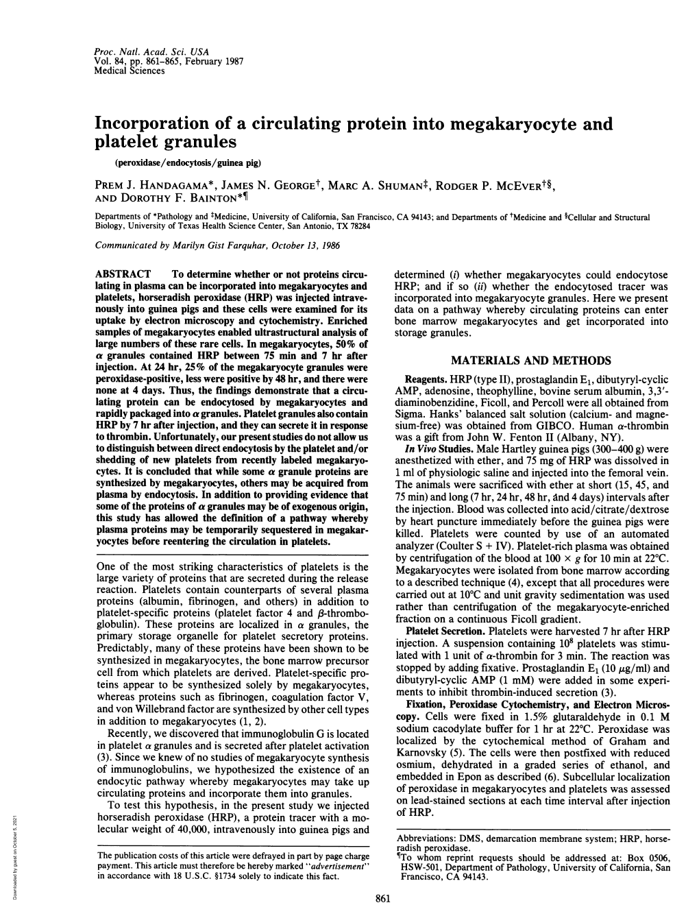Incorporation of a Circulating Protein Into Megakaryocyte and Platelet Granules (Peroxidase/Endocytosis/Guinea Pig) PREM J