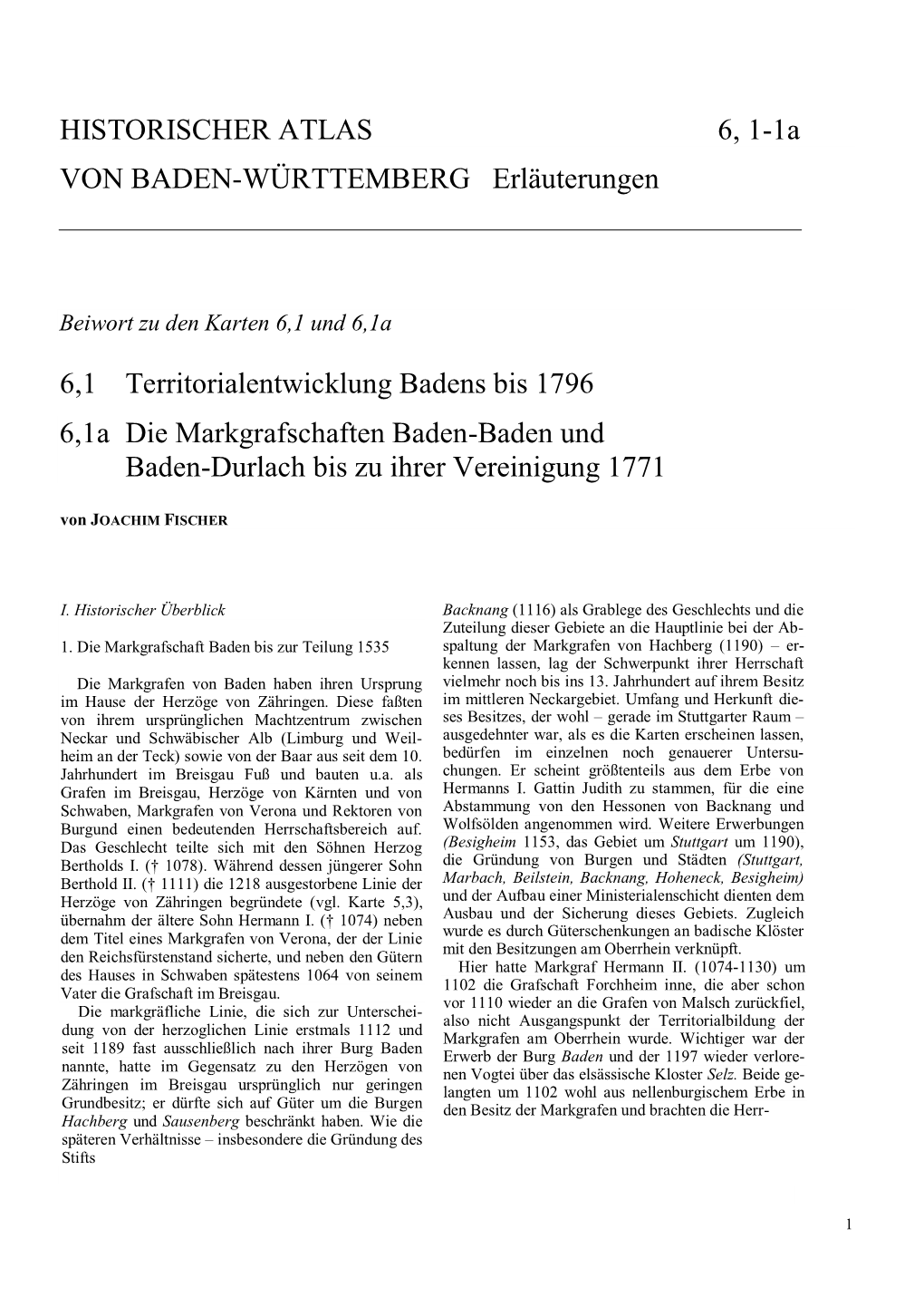HISTORISCHER ATLAS 6, 1-1A VON BADEN-WÜRTTEMBERG