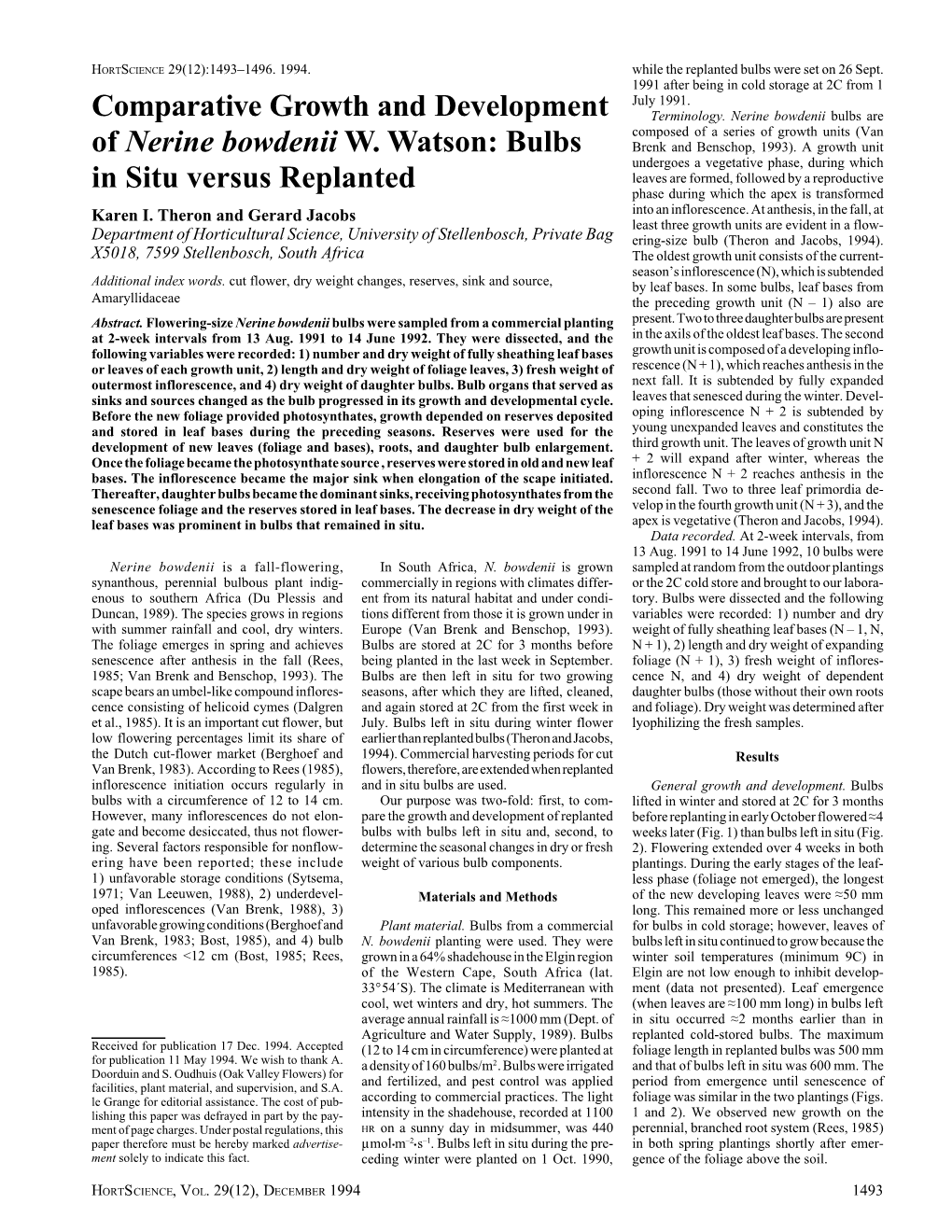 Comparative Growth and Development of Nerine Bowdenii W. Watson