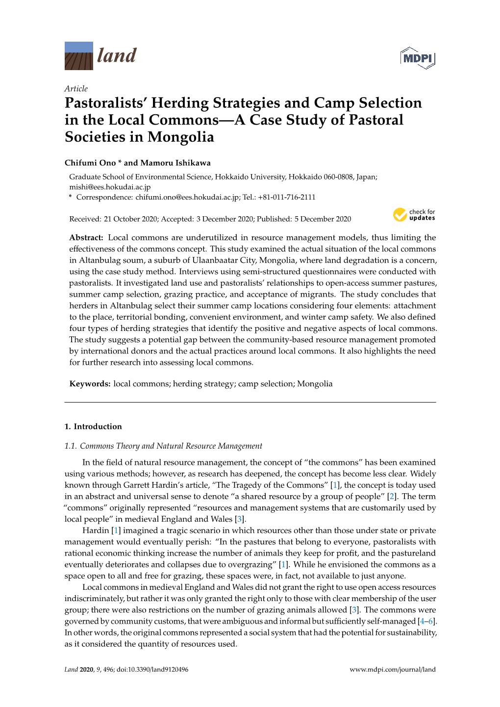 Pastoralists' Herding Strategies and Camp Selection in the Local Commons—A Case Study of Pastoral Societies in Mongolia