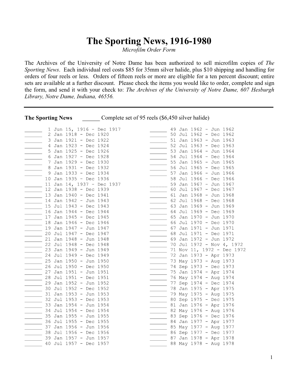 The Sporting News, 1916-1980 Microfilm Order Form