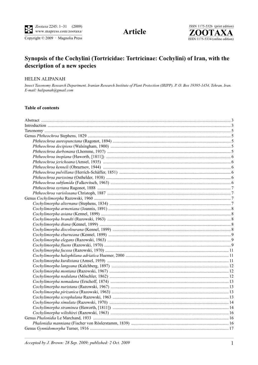 Tortricidae: Tortricinae: Cochylini) of Iran, with the Description of a New Species